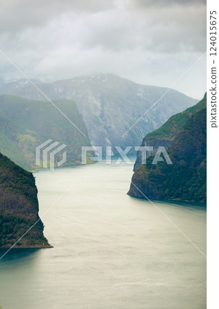 Aurland fjord from Stegastein view point, Norway 124015675