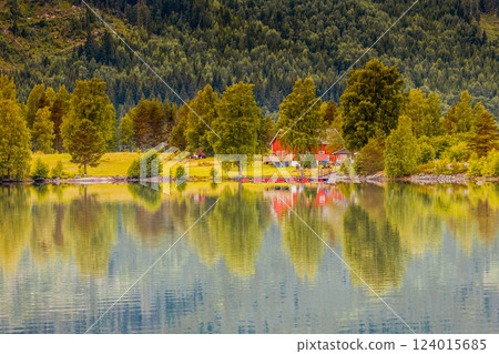 Norwegian country houses in mountains on lake shore 124015685