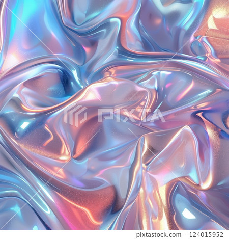 Fluid holographic folds melding in a symphony of pastel hues 124015952