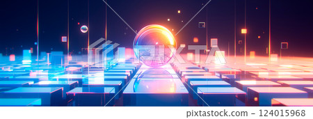 Digital orbs floating in a neon grid landscape Digital orbs floating in a neon grid landscape 124015968