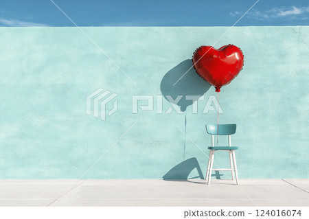 A red heart balloon is tied to a chair A red heart balloon is tied to a chair 124016074