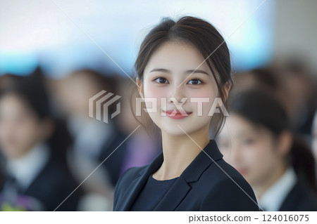 A woman with a black jacket and a black dress is smiling A woman with a black jacket and a black dress is smiling 124016075