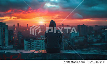 Hooded Individual Watching Vibrant Urban Sunset Over the City Skyline 124016341