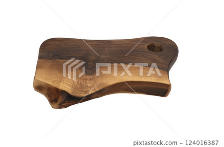 Wooden cutting kitchen board isolated on white background. Flat lay with copy space Wooden cutting kitchen board isolated on white background. Flat lay with copy space 124016387