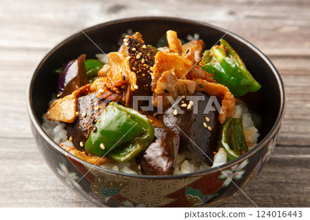 Eggplant and pork stir-fried with miso rice bowl 124016443