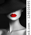 Black and white glamour portrait of young woman with red lips wearing hat, Generative ai 124016495