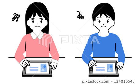 男孩和女孩在使用平板電腦學習時遇到困難的插圖 124016543