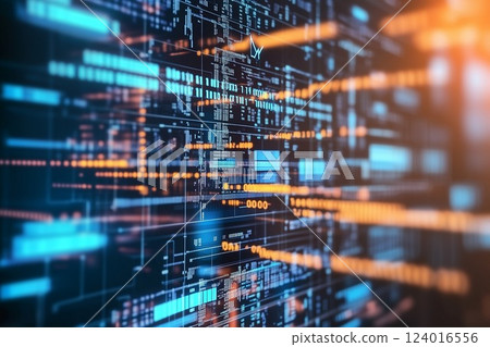 Neon blue and orange geometric abstract background. Digital data or microchip inside. Generative ai 124016556