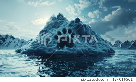 Icy Mountain with Paw Print Mark Surrounded by Ocean Waves 124016561