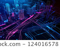 Neon blue and pink lighting virtual city model with roads and buildings, Generative ai 124016578