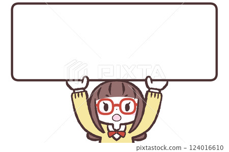 一位戴眼鏡的女學生舉著牌子並留下深刻印象的插圖 一位戴眼鏡的女學生舉著牌子並留下深刻印象的插圖 124016610