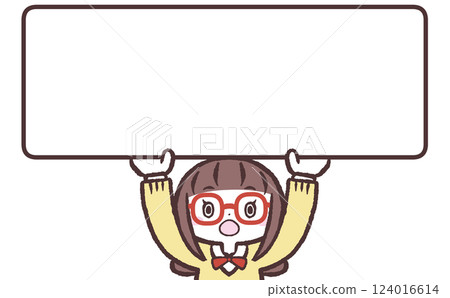 一位戴眼鏡的女學生驚訝地舉著牌子的圖片 一位戴眼鏡的女學生驚訝地舉著牌子的圖片 124016614
