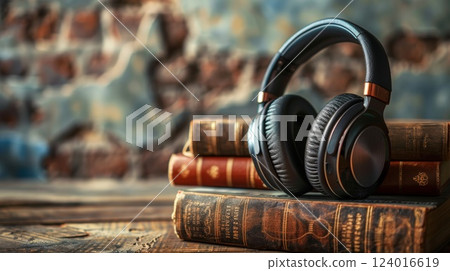 Headphones on Antique Books in Cozy Ambient Environment 124016619