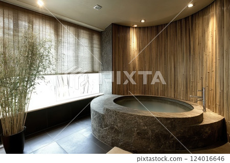 A prominent, circular stone bathtub with a built in design is the central feature 124016646