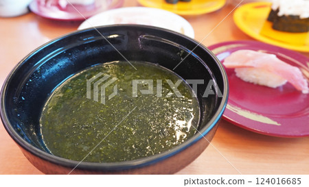 Japanese conveyor belt sushi menu (sushi and green laver miso soup) 124016685