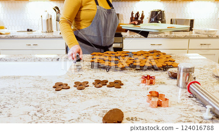 After baking to perfection, these delightful gingerbread cookies are now cooling gracefully on a wire rack, filling the modern kitchen with a warm and inviting aroma. 124016788
