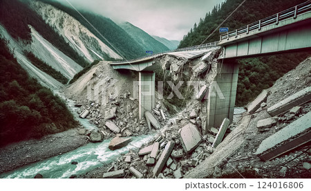 These eight images depict various views of a destroyed highway bridge in mountainous terrain. The scenes show the aftermath of a natural disaster, with broken road sections, shattered support beams 124016806