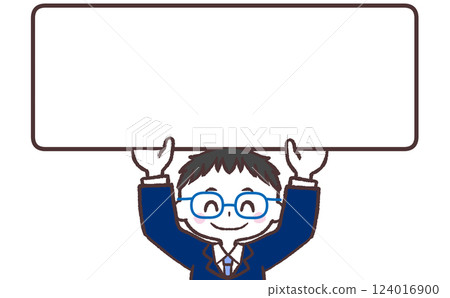 A male student with glasses holding up a sign with a smile 124016900