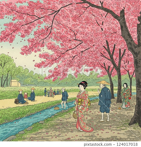 櫻花樹下身著和服的美女 124017018