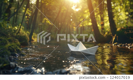 Paper Boat Floating in a Peaceful Forest Stream at Sunrise 124017019