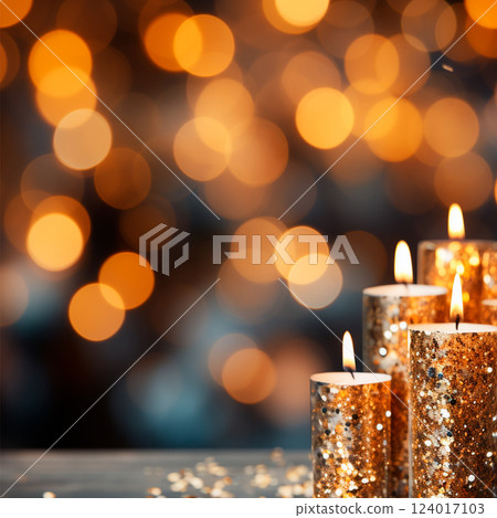 Blurred bokeh, bright candle lights, lighting on a dark background - AI generated image 124017103