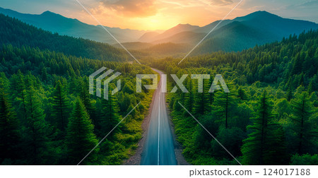 Mountain road, winding serpentines through the forest - AI generated image 124017188