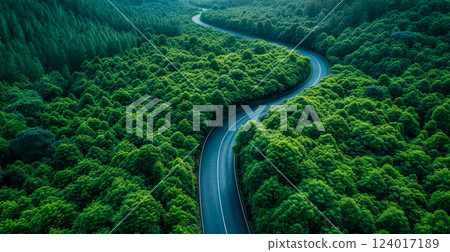 Mountain road, winding serpentines through the forest - AI generated image Mountain road, winding serpentines through the forest - AI generated image 124017189