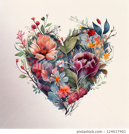Abstract watercolor painting heart of flowers - AI generated image 124017401