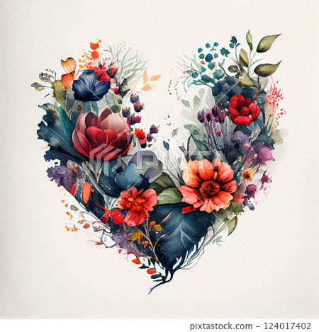 Abstract watercolor painting heart of flowers - AI generated image 124017402