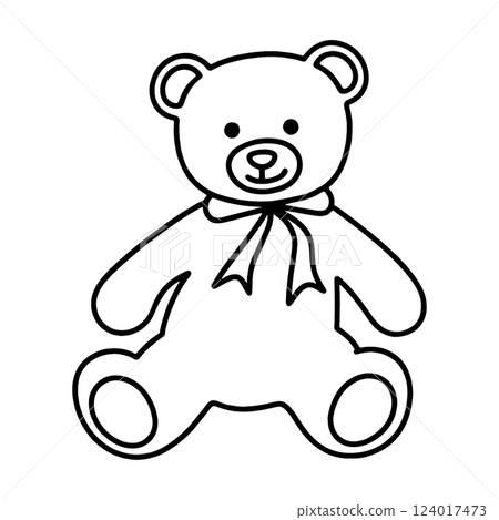 A simple black line drawing of a teddy bear giving a gift with a ribbon, cut out on a transparent background 124017473