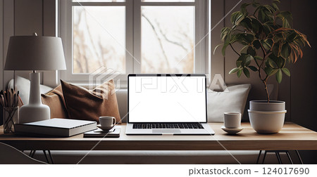 Modern workspace with blank screen laptop, white frame - AI generated image 124017690