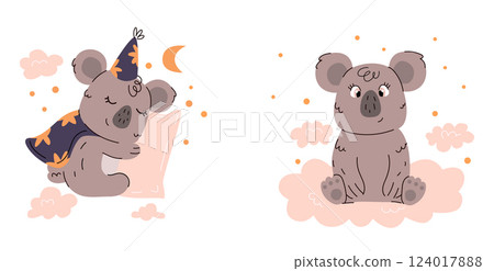 set of cute koalas cute sleeping koala koala on clouds illustrations for childrens room with koala poster banner for childrens room with animals set of cute koalas cute sleeping koala koala on clouds illustrations for childrens room with koala poster banner for childrens room with animals 124017888