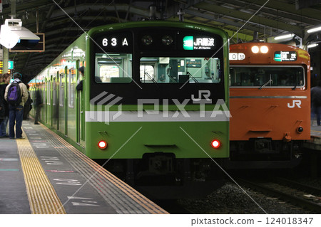 Yamatoji Line 201 Series Train and Osaka Loop Line 103 Series Train Yamatoji Line 201 Series Train and Osaka Loop Line 103 Series Train 124018347