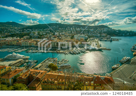 Aerial view on Lympia port in Nice city ith ships and sailboats Aerial view on Lympia port in Nice city ith ships and sailboats 124018485