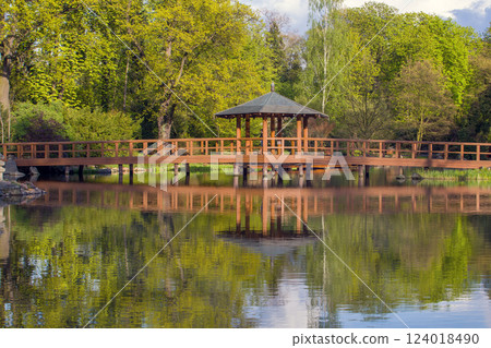 Wooden bridge across pond in Japanese garden in late April Wooden bridge across pond in Japanese garden in late April 124018490