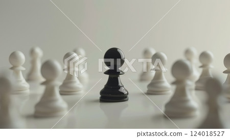 Black Chess Pawn Surrounded by White Pawns Symbolizing Difference and Individuality 124018527