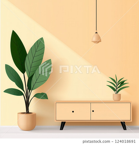 modern living room with plants, light wood furniture, and warm colors modern living room with plants, light wood furniture, and warm colors 124018691