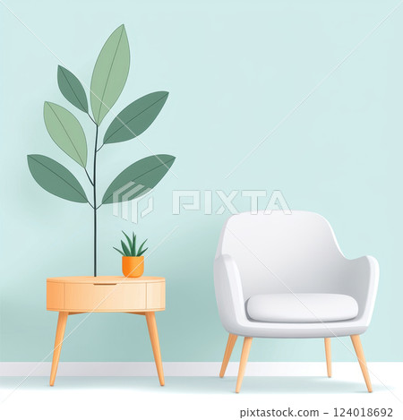 modern living room with white chair, wooden table, and green plants modern living room with white chair, wooden table, and green plants 124018692