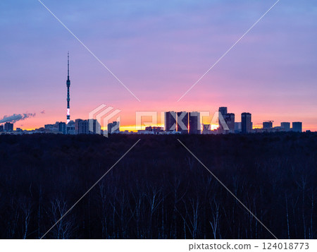 high-rise houses over city park at winter sunrise high-rise houses over city park at winter sunrise 124018773