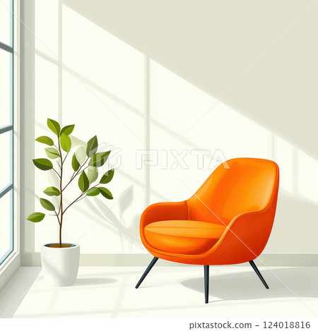 bright orange chair in modern room with natural light and plant 124018816