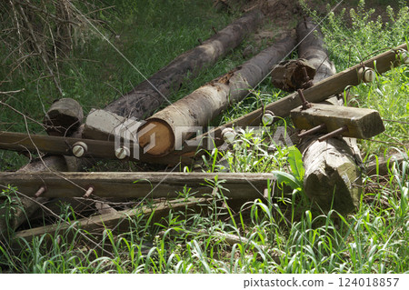 abandoned T-shape transmission tower for overhead power line. dismantled, disassembled and broken primitive wood pole, crossbars with ceramic insulators, all overgrown with grass abandoned T-shape transmission tower for overhead power line. dismantled, disassembled and broken primitive wood pole, crossbars with ceramic insulators, all overgrown with grass 124018857