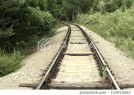 turn of the railway. Steel rails on concrete sleepers disappear from view, going deep into the forest thicket turn of the railway. Steel rails on concrete sleepers disappear from view, going deep into the forest thicket 124018861