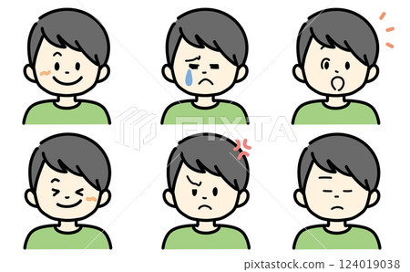 Illustration set of various facial expressions - A person with short hair wearing green clothes - Illustrations of joy, anger, sadness and happiness Illustration set of various facial expressions - A person with short hair wearing green clothes - Illustrations of joy, anger, sadness and happiness 124019038