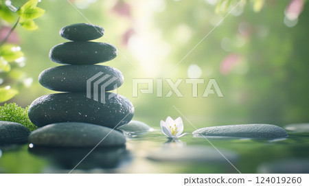 Pyramid of zen stones in a green garden. Atmosphere of harmony and balance 124019260