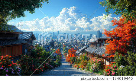 Game background, asian city terrain, spring summer 124019440