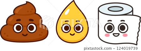 Cute cartoon poop, pee and toiler paper characters illustration 124019739