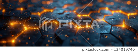Abstract Technology Inspired Hexagonal Design Glowing With Orange and Blue Hues 124019740
