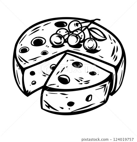 Celebration of world cheese day with cheese wheel and grapes in artistic design. Black and white illustration. AI-generated Celebration of world cheese day with cheese wheel and grapes in artistic design. Black and white illustration. AI-generated 124019757