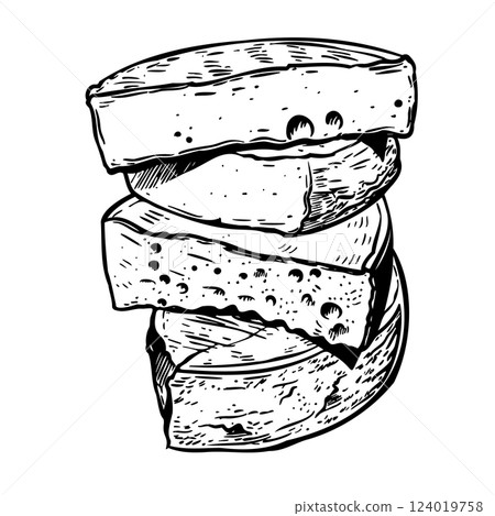Black and white sketch of cheese stack celebrating World cheese day for design use. AI-generated Black and white sketch of cheese stack celebrating World cheese day for design use. AI-generated 124019758