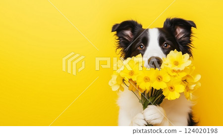 Cute border collie dog holding bouquet of spring yellow Daffodils flowers isolated on yellow background. Valentine's Day, Easter, Birthday, Happy Women's Day, Mother's Day concept. Banner, copy space, 124020198
